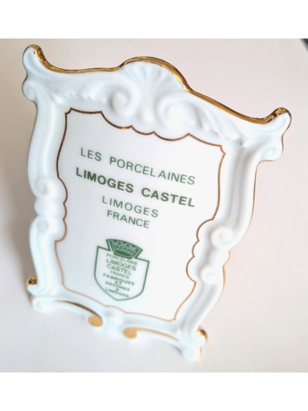 Vintage Limoges Castel Porcelain Advertising Plague Stand Gold Gilt Stamp 4.5"